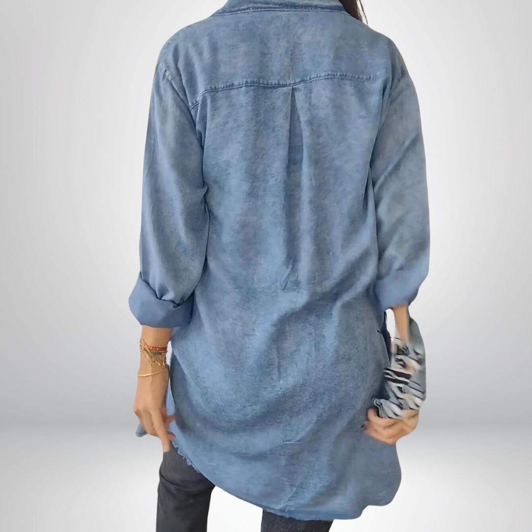 Sofia® | Stijlvolle en veelzijdige lange denimjas met kraag