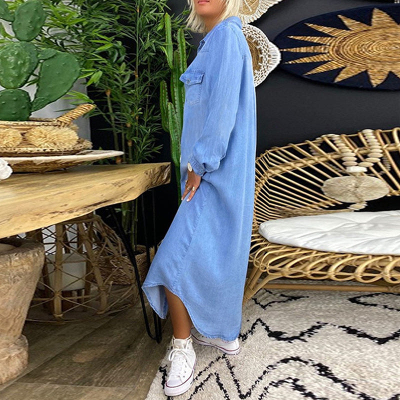Sofia™ | Lange Mouwen Maxikleed in Denim