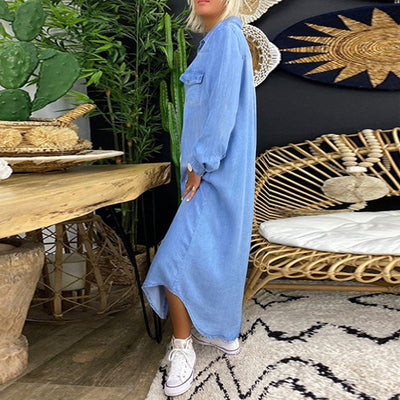 Sofia™ | Lange Mouwen Maxikleed in Denim