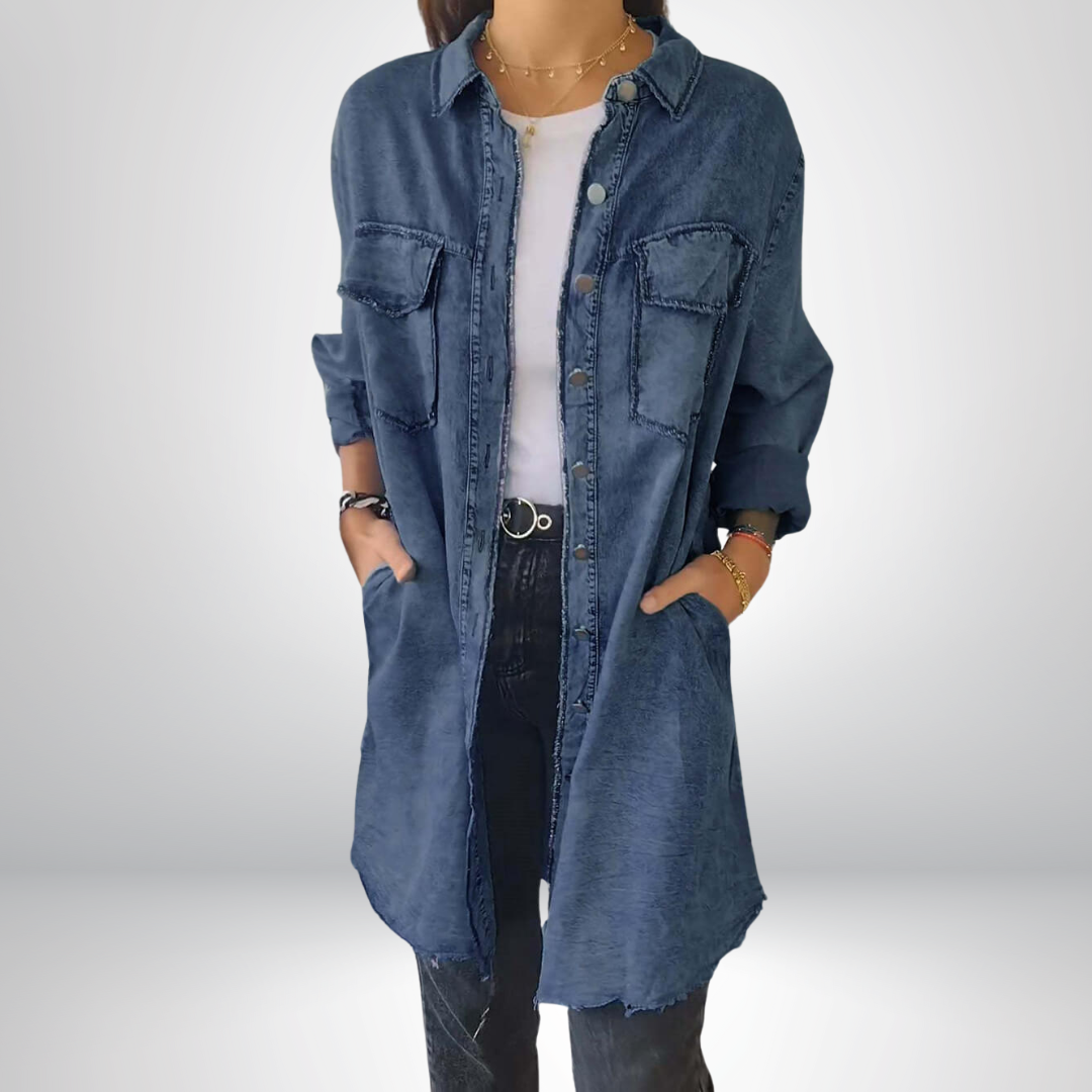 Sofia® | Stijlvolle en veelzijdige lange denimjas met kraag