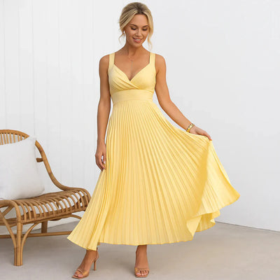 Aurelia™ | Yellow Plissé V-Neck Maxi Dress