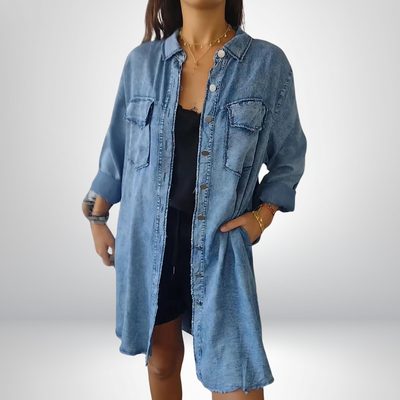 Sofia® | Stijlvolle en veelzijdige lange denimjas met kraag