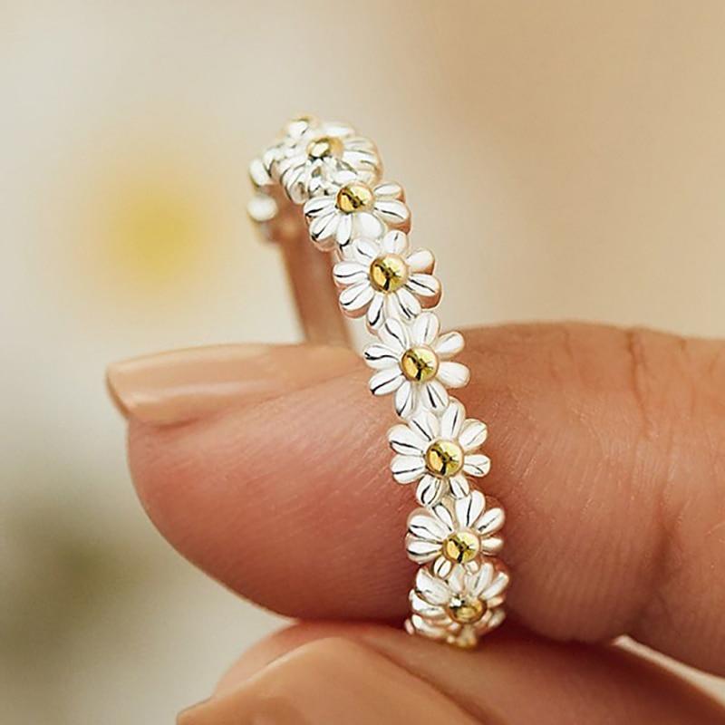 Elysian Rynn™ | Adjustable Silver Daisy Ring with Hand-Enamel Finish