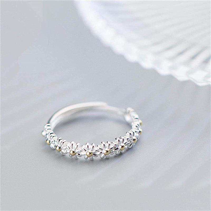 Elysian Rynn™ | Adjustable Silver Daisy Ring with Hand-Enamel Finish