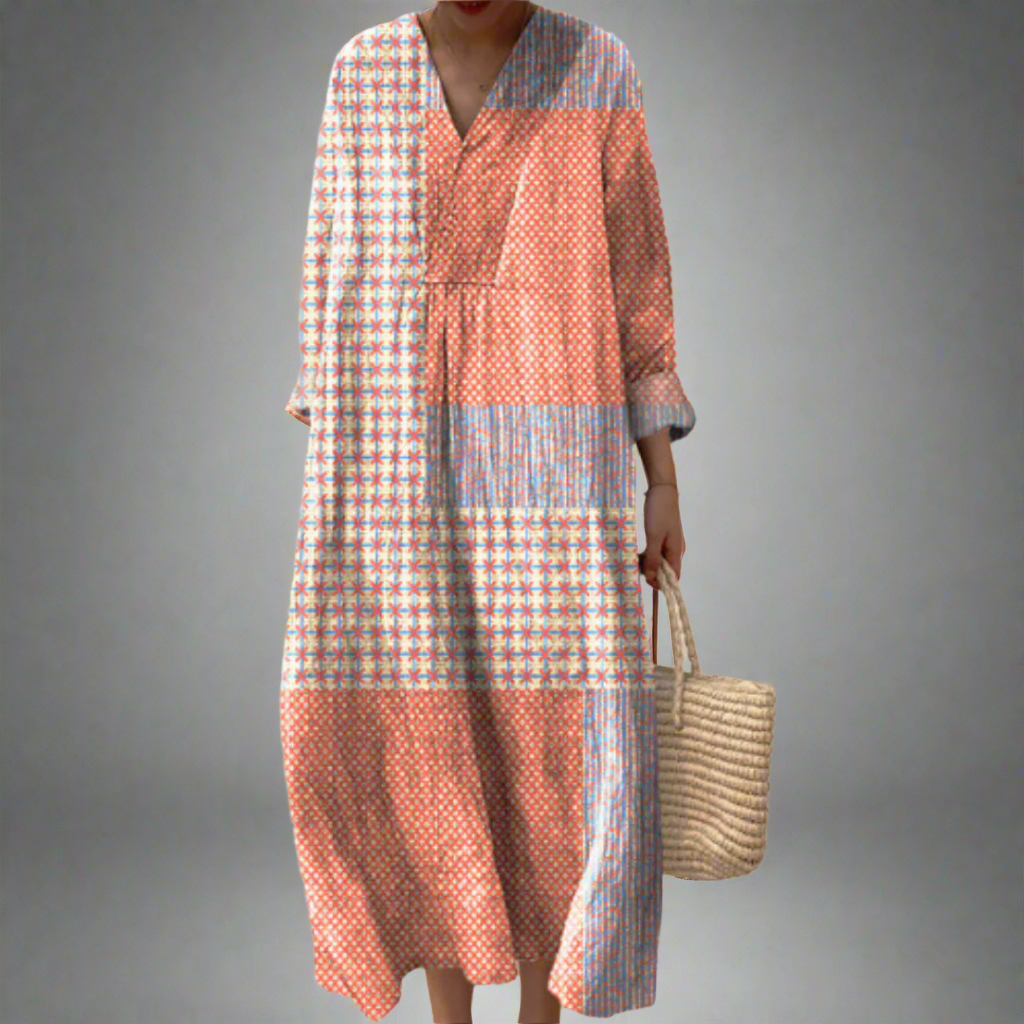 Nora | Koraal Sterrenburst Patchwork Midi Jurk