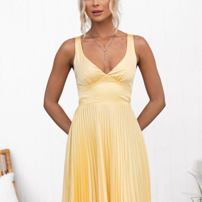 Aurelia™ | Yellow Plissé V-Neck Maxi Dress