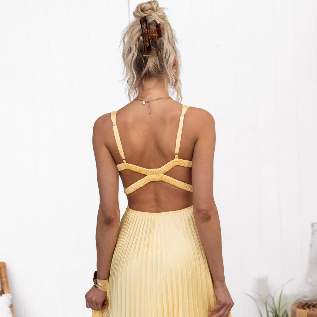 Aurelia™ | Yellow Plissé V-Neck Maxi Dress